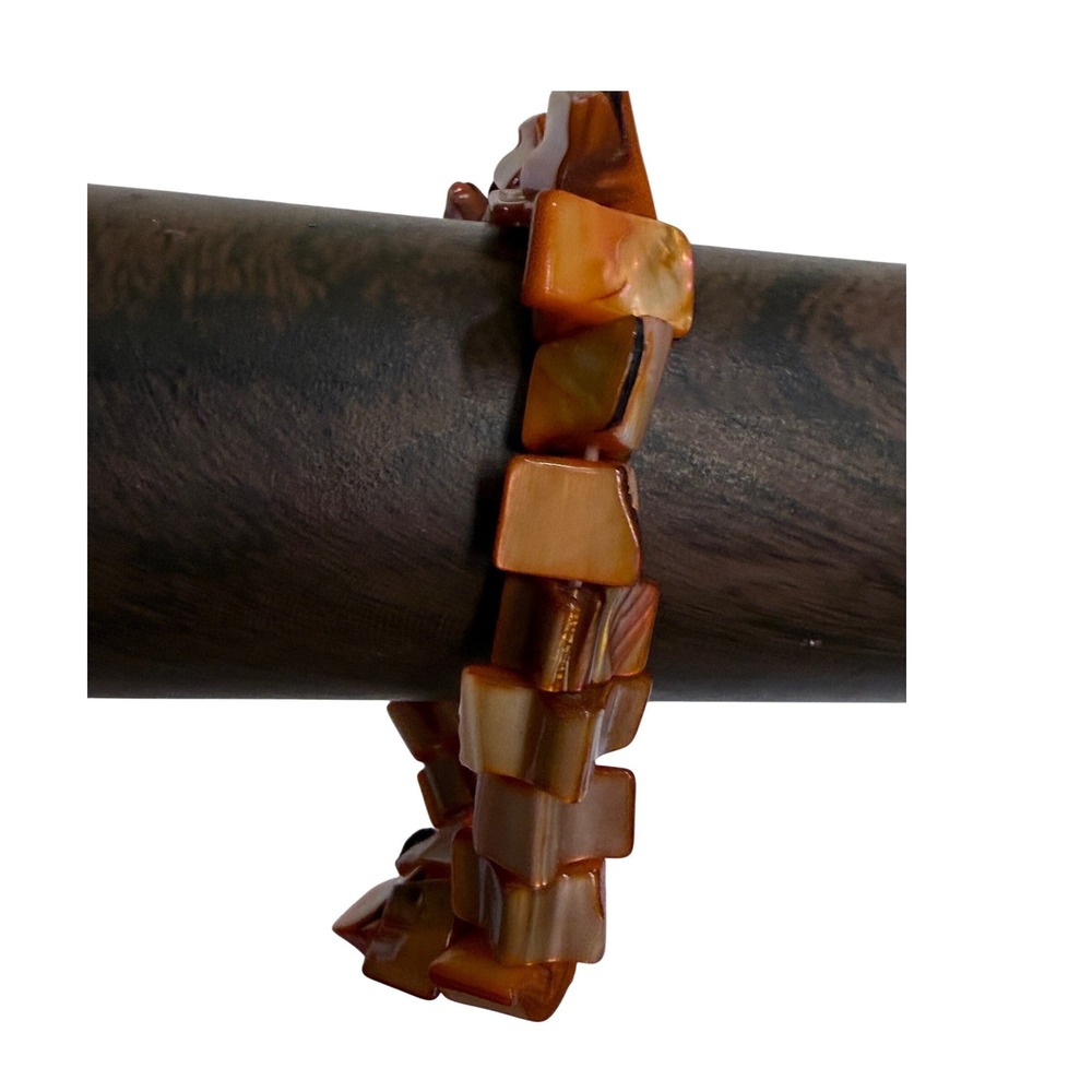 Vintage Cognac Orange Iridescent Shell Stretch Bracelet Square Bead Boho Coastal - Picture 2 of 9